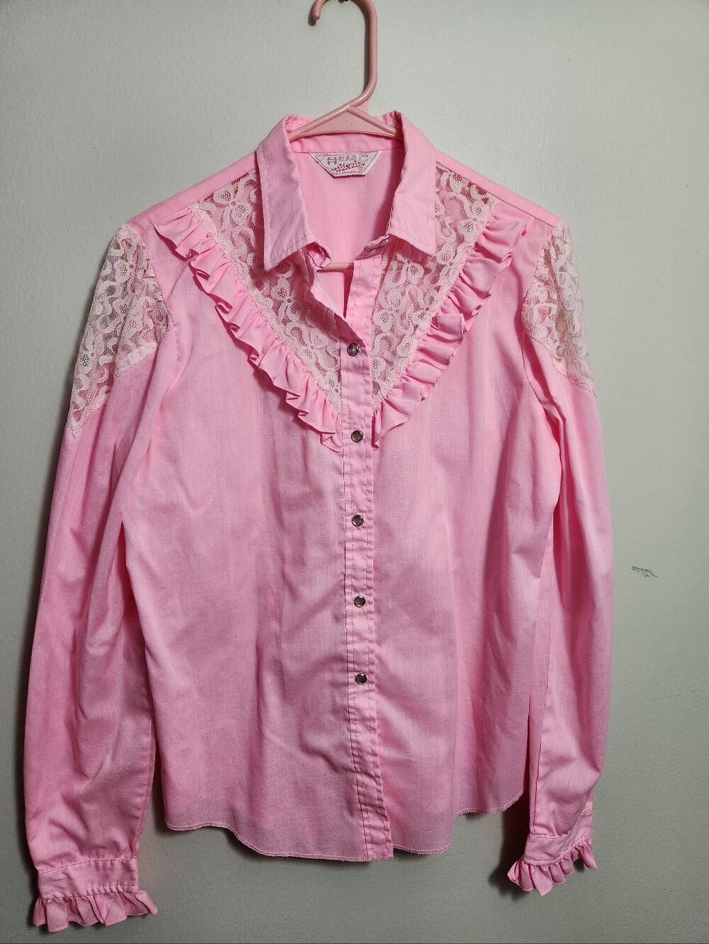 Vintage 1970s H Bar C California Ranchwear Pink Lace Ruffle Western Shirt Sz 38